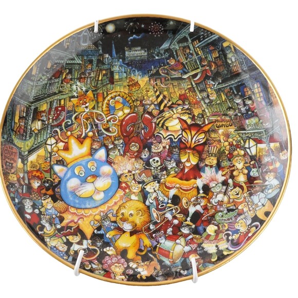The Franklin Mint Bill Bell Cats Collector Plate Meowdi Gras - With Hanging Tool
